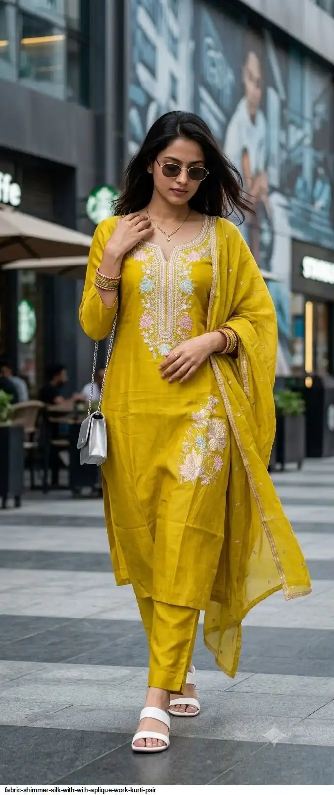 FABRIC SHIMMER SILK WITH WITH APLIQUE WORK KURTI PAIR B