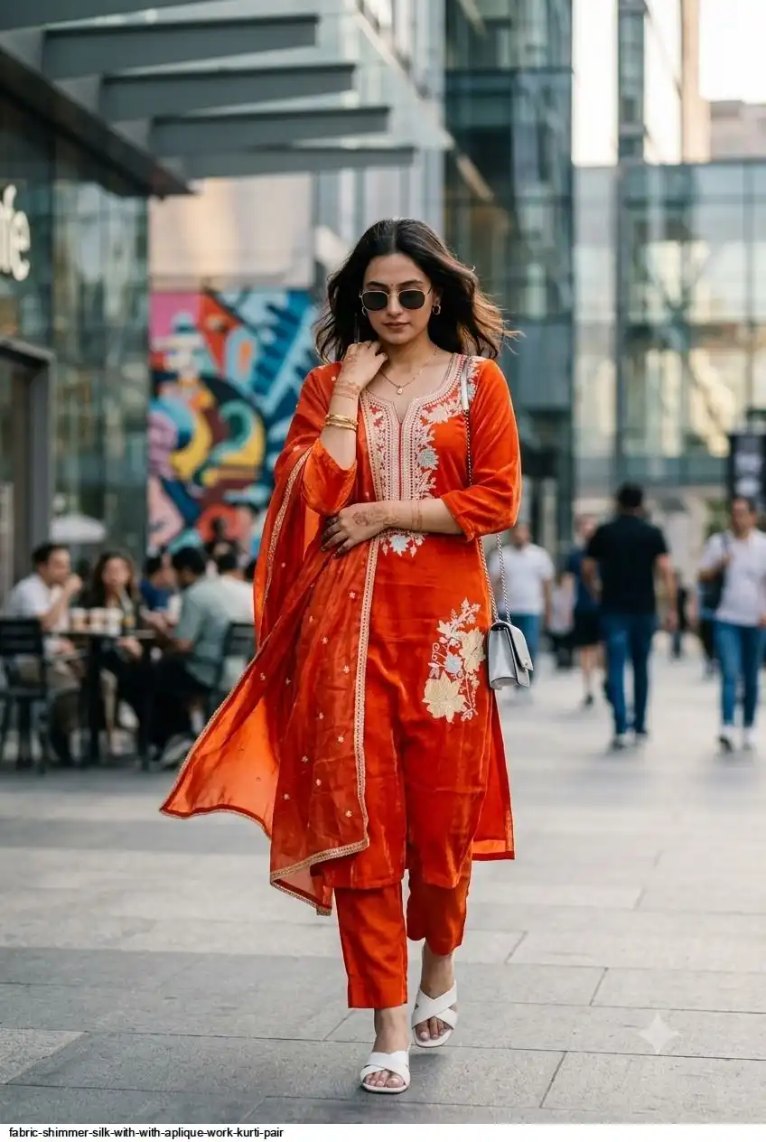 FABRIC SHIMMER SILK WITH WITH APLIQUE WORK KURTI PAIR C