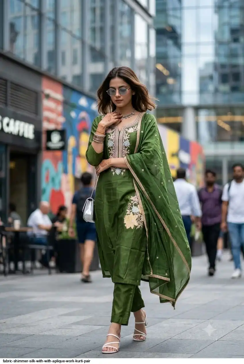 FABRIC SHIMMER SILK WITH WITH APLIQUE WORK KURTI PAIR A