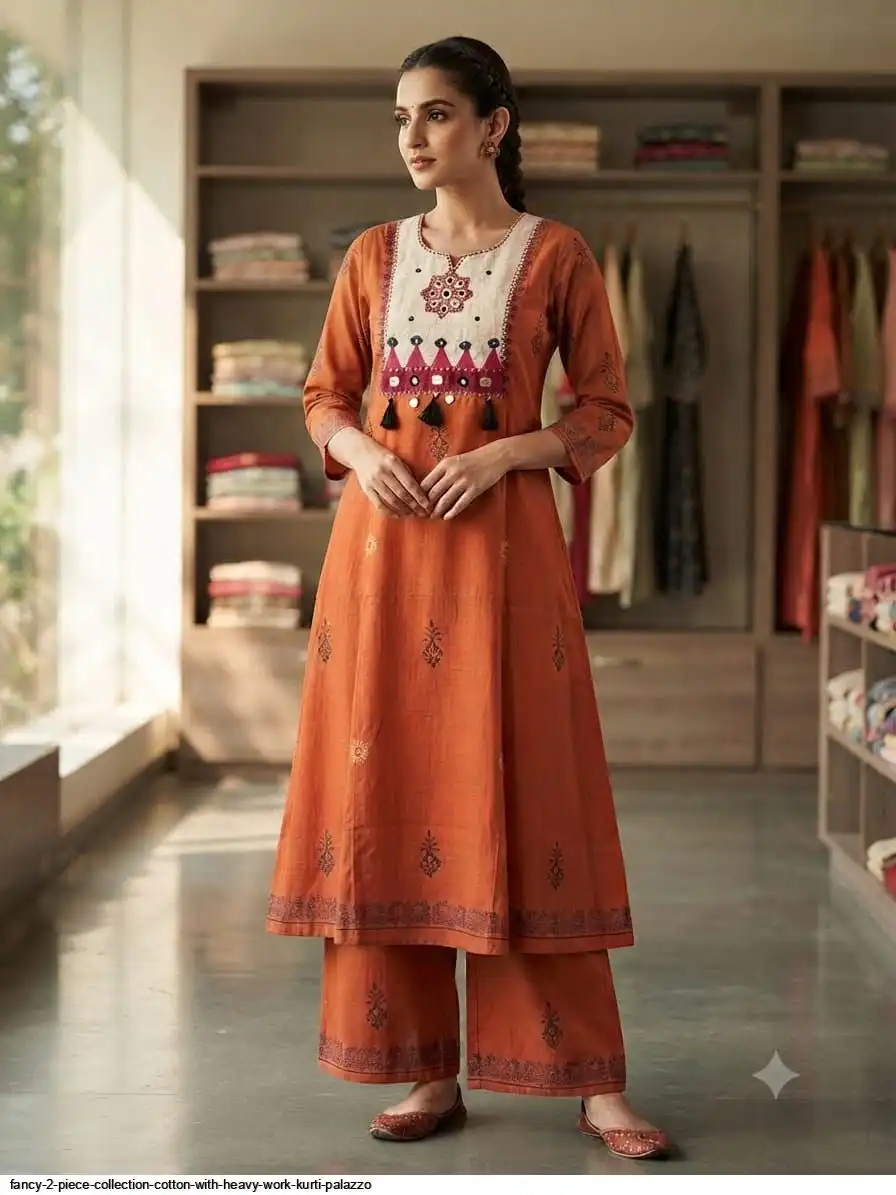 FANCY 2 PIECE COLLECTION COTTON WITH HEAVY WORK KURTI PALAZZO C