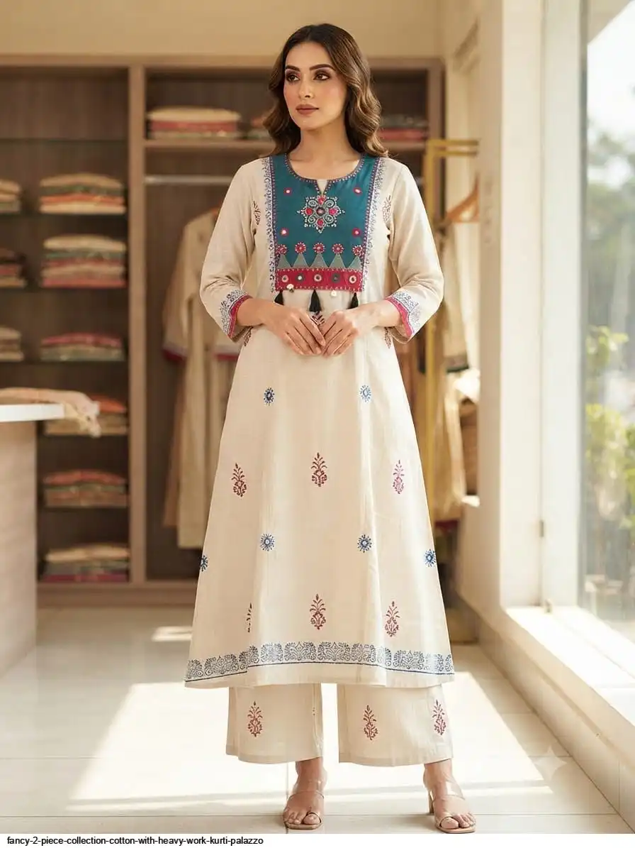 FANCY 2 PIECE COLLECTION COTTON WITH HEAVY WORK KURTI PALAZZO B