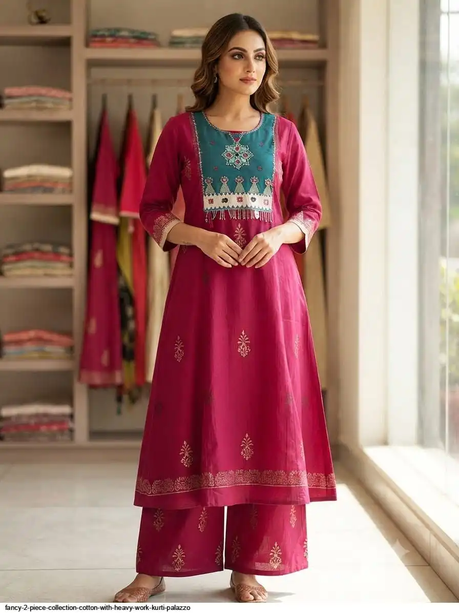 FANCY 2 PIECE COLLECTION COTTON WITH HEAVY WORK KURTI PALAZZO A