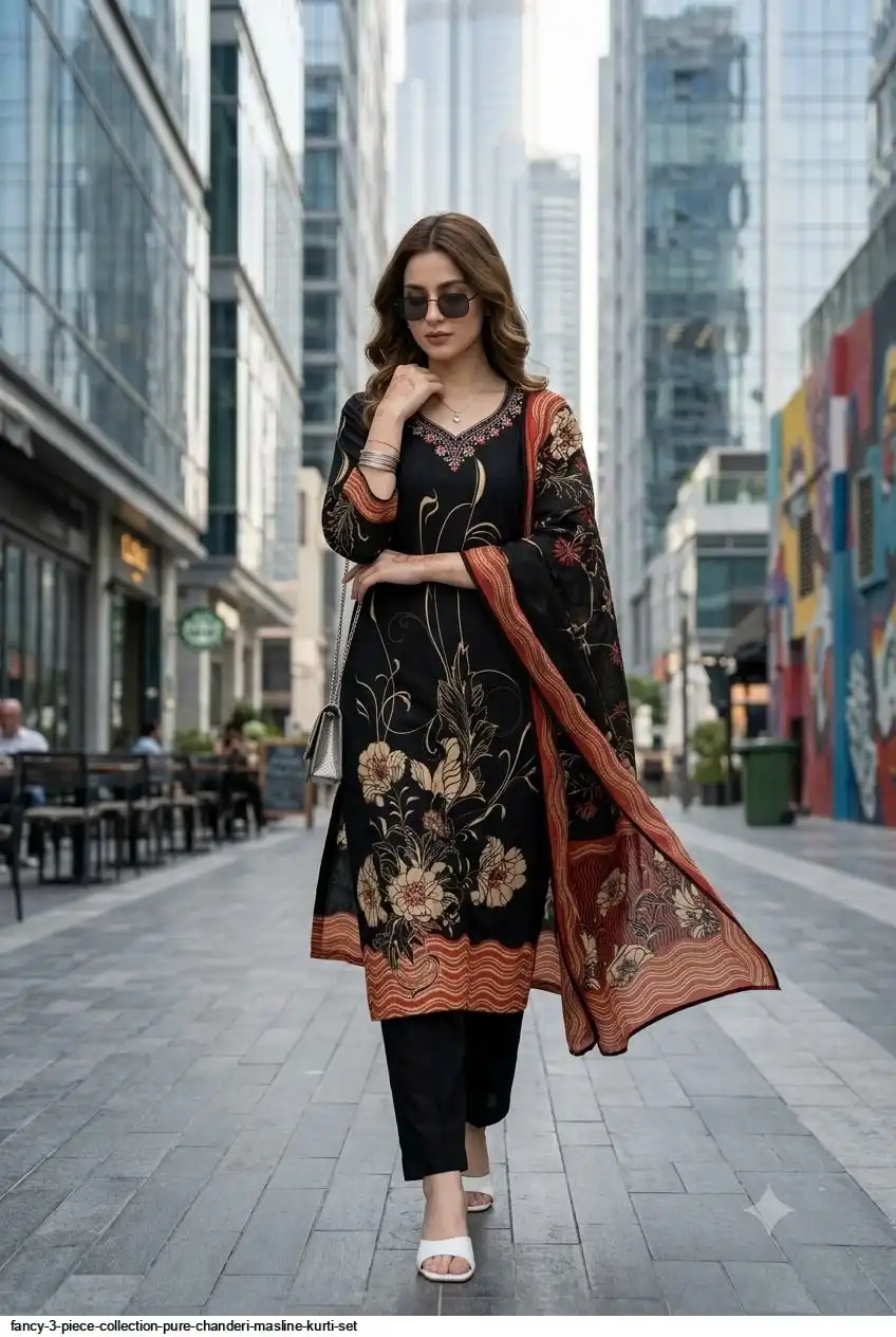 FANCY 3 PIECE COLLECTION PURE CHANDERI MASLINE KURTI SET B