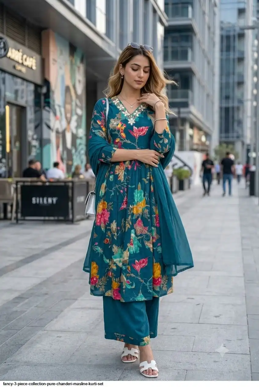 FANCY 3 PIECE COLLECTION PURE CHANDERI MASLINE KURTI SET A