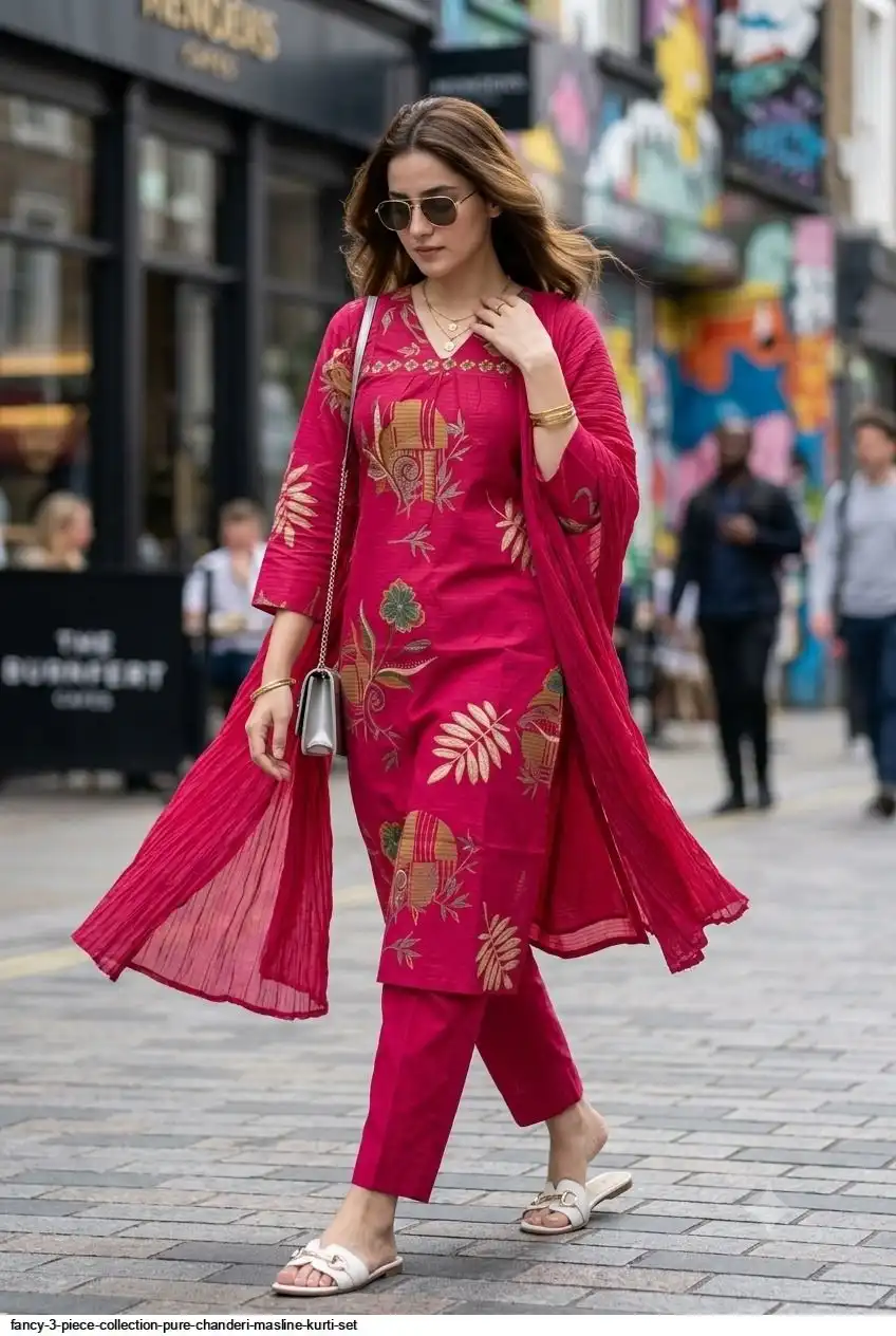FANCY 3 PIECE COLLECTION PURE CHANDERI MASLINE KURTI SET C