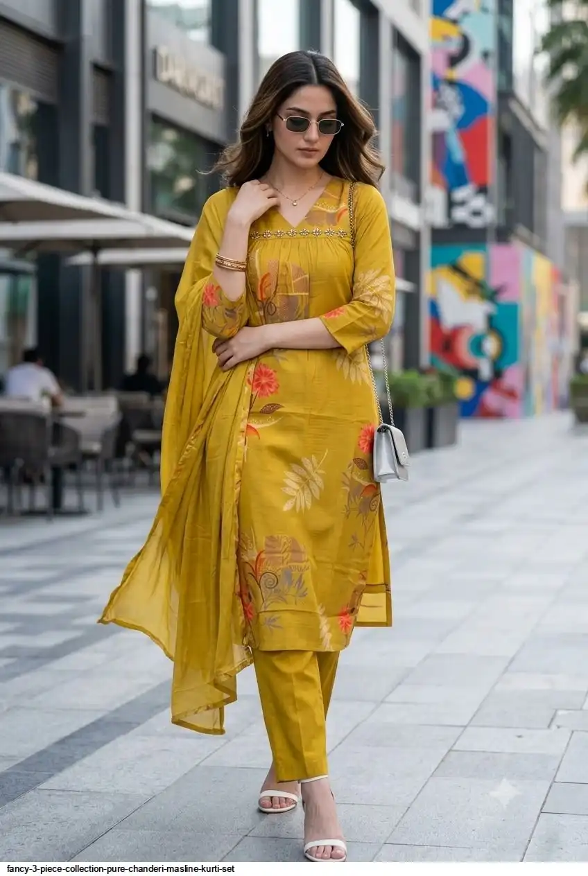 FANCY 3 PIECE COLLECTION PURE CHANDERI MASLINE KURTI SET D