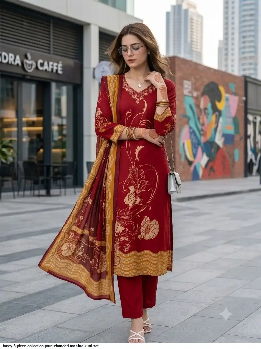 FANCY 3 PIECE COLLECTION PURE CHANDERI MASLINE KURTI SET E