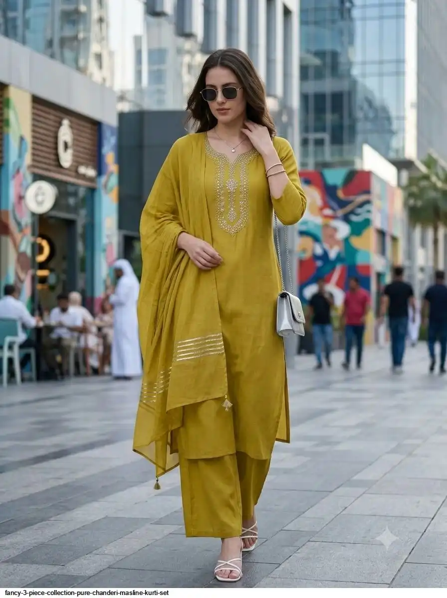 FANCY 3 PIECE COLLECTION PURE CHANDERI MASLINE KURTI SET F