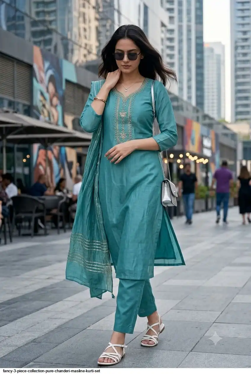 FANCY 3 PIECE COLLECTION PURE CHANDERI MASLINE KURTI SET G