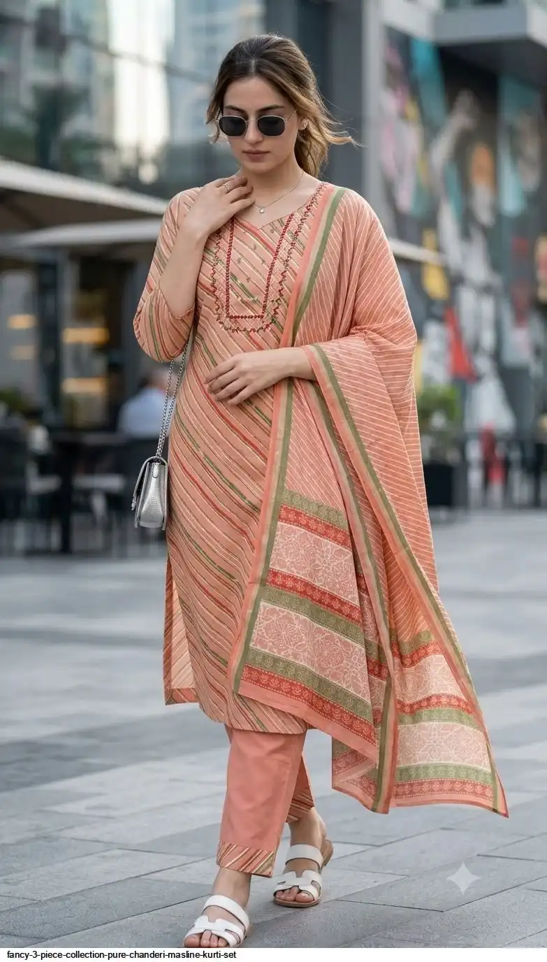 FANCY 3 PIECE COLLECTION PURE CHANDERI MASLINE KURTI SET H