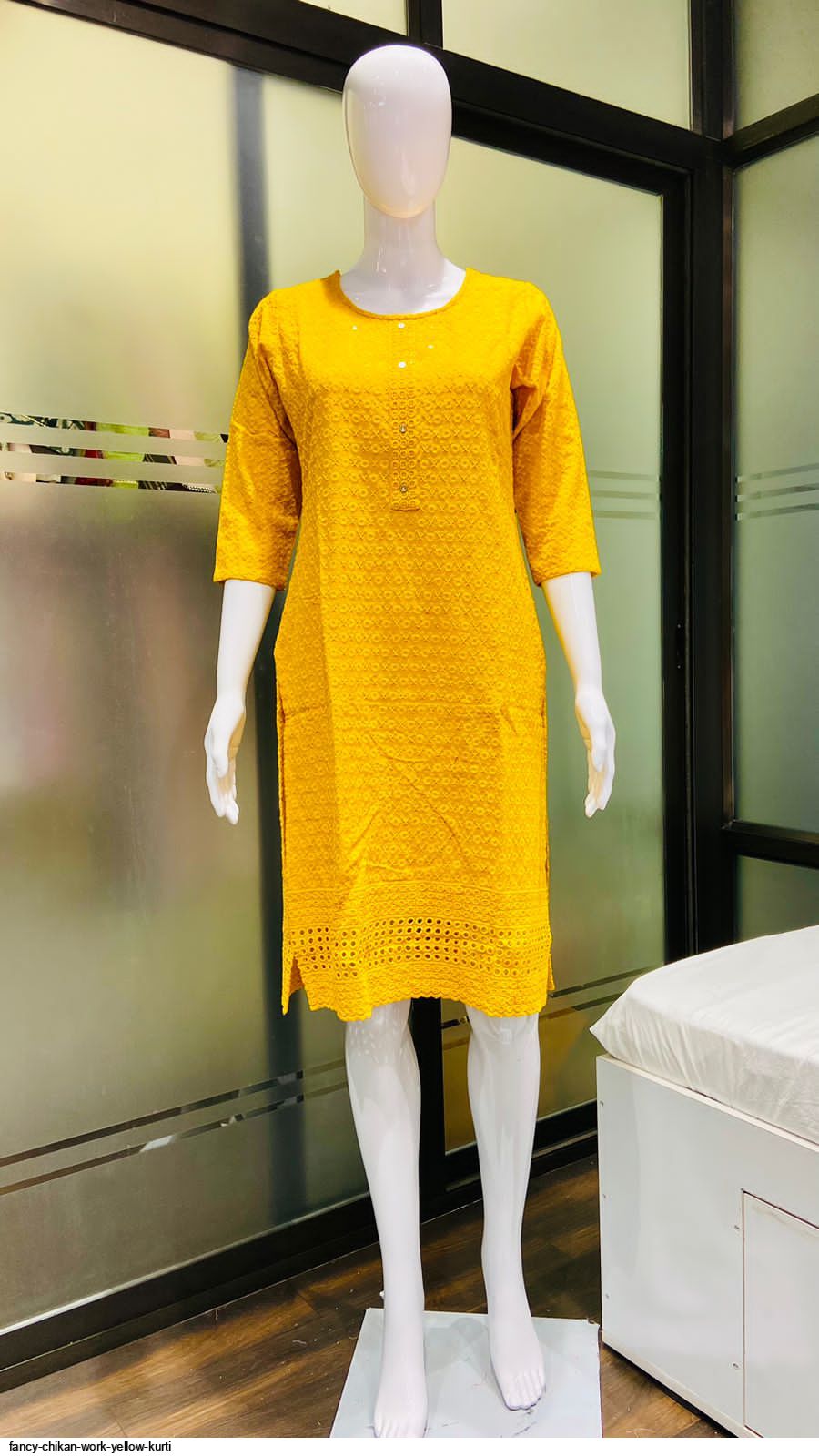 Lucknow Chikan Emporium Hand Semi georgette Chikankari Kurti mustard y