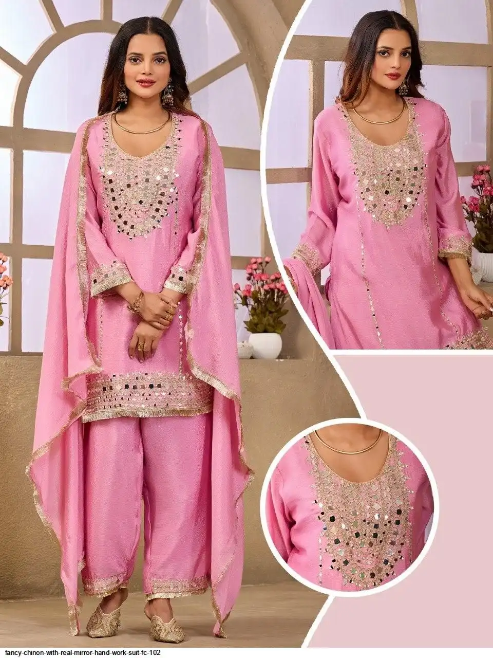 FANCY CHINON WITH REAL MIRROR HAND WORK SUIT FC 102 B