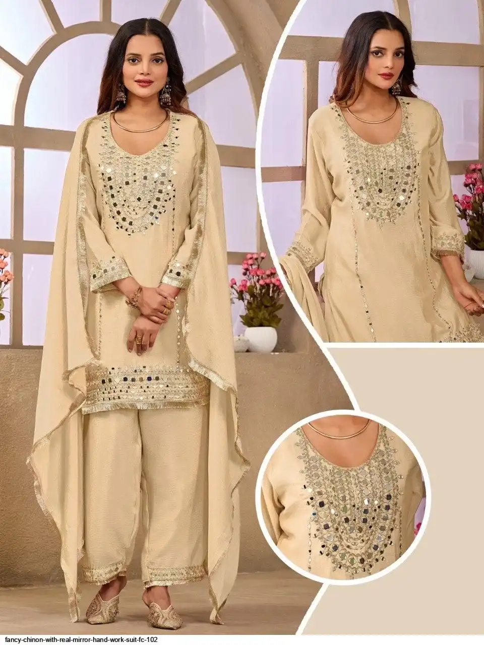 FANCY CHINON WITH REAL MIRROR HAND WORK SUIT FC 102 A