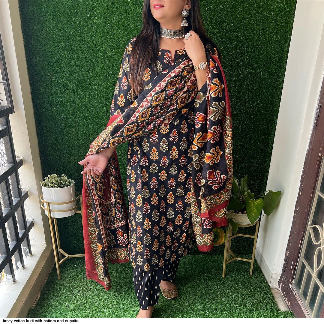 FANCY COTTON KURTI WITH BOTTOM AND DUPATTA