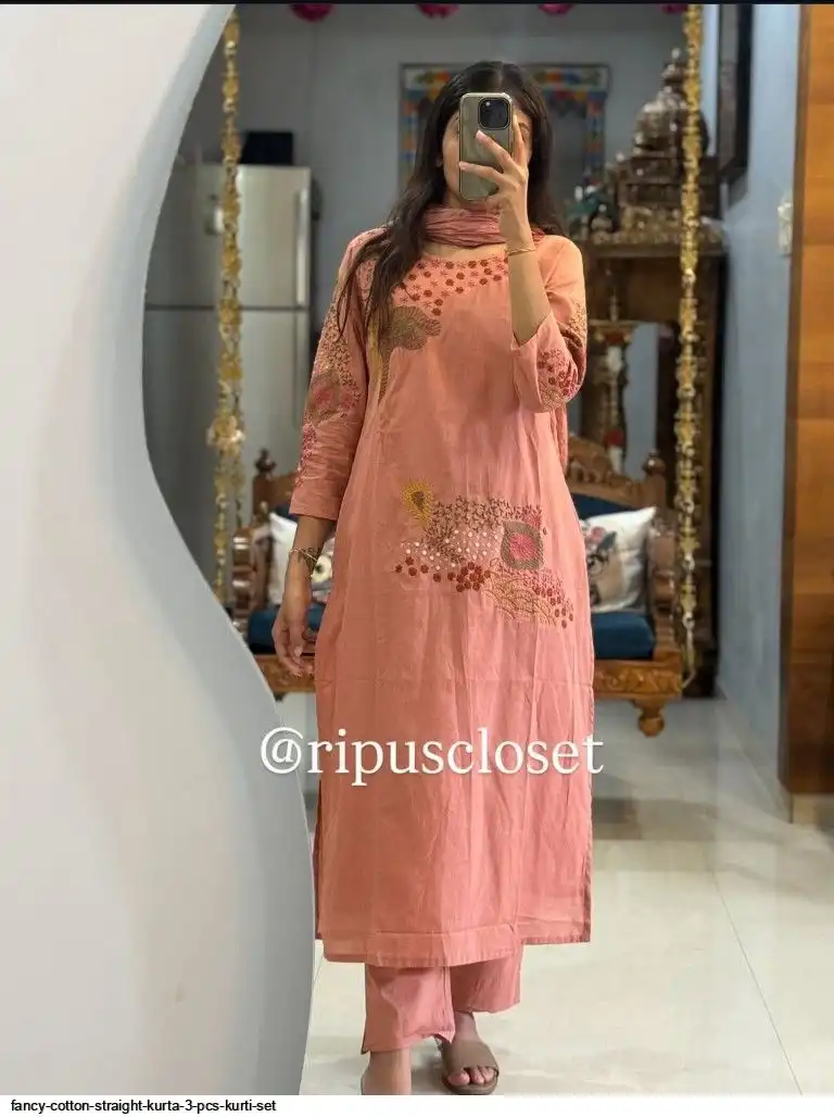 FANCY COTTON STRAIGHT KURTA 3 PCS KURTI SET A