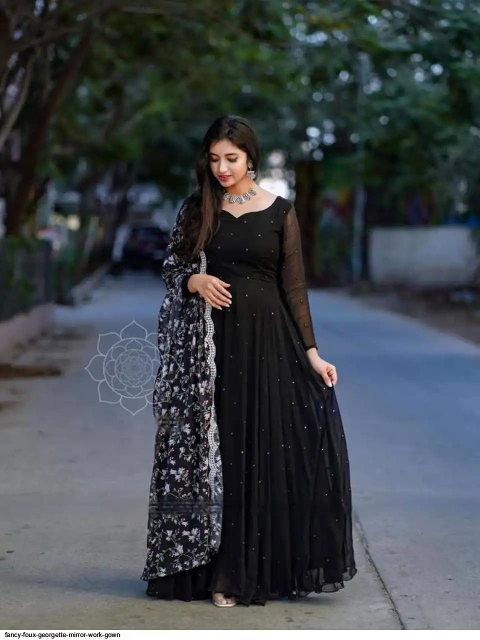 FANCY FOUX GEORGETTE MIRROR WORK GOWN