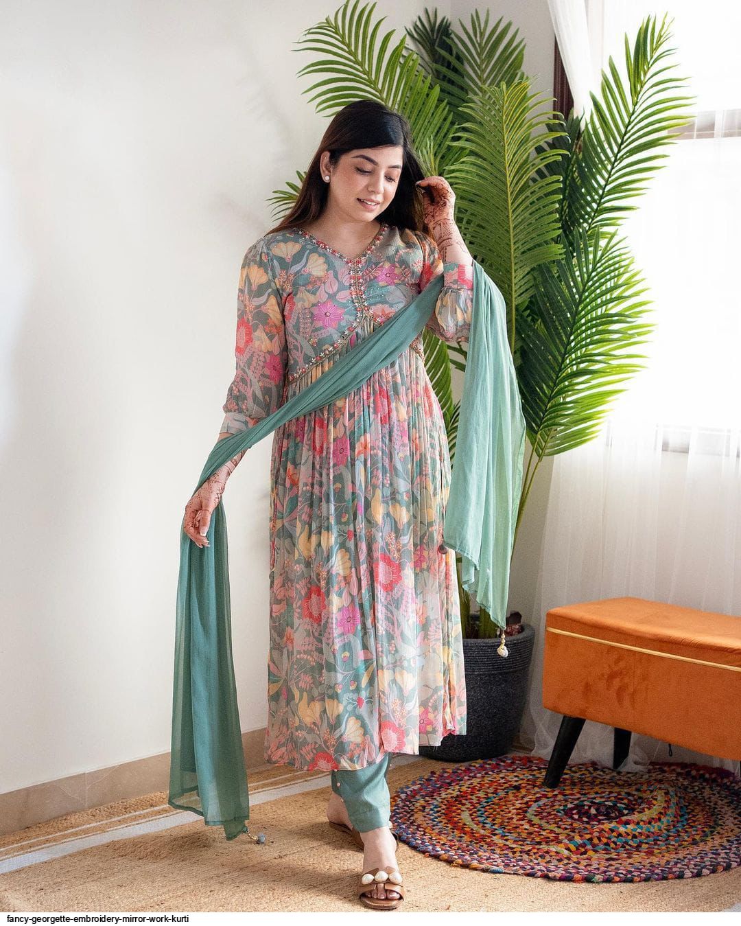 fancy Georgette Embroidery Mirror Work kurti