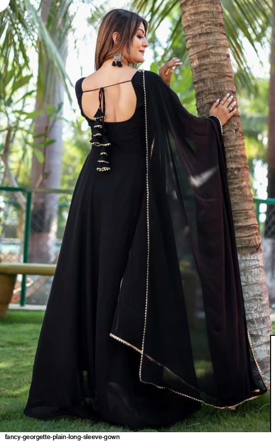 fitted lace wedding dress Gown Georgette Green Plain Gown – Kajols main image 0