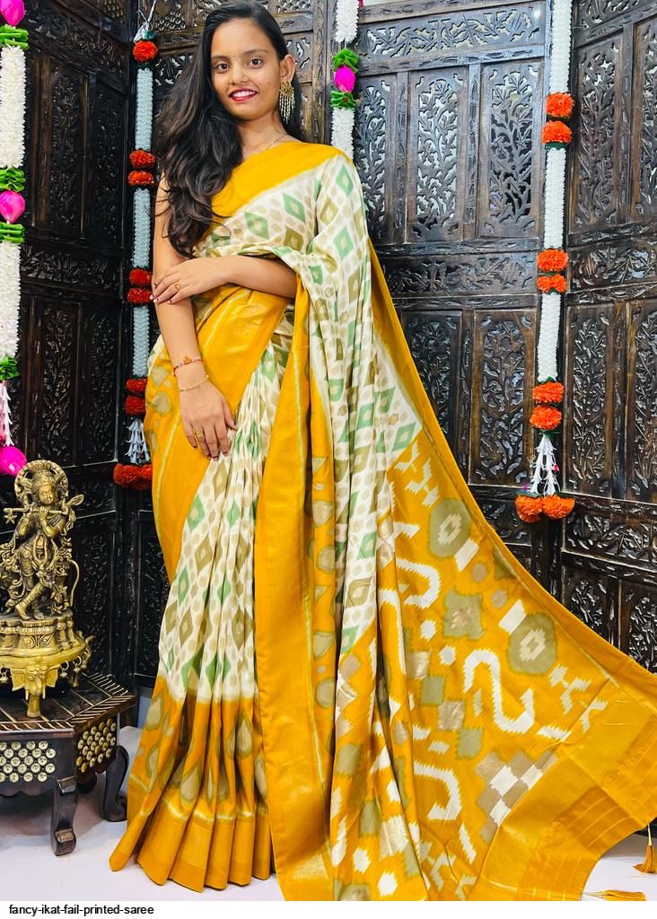 I AM DESIGN presents Beige Peach Ikat Printed Silk Saree Set available  exclusively at FEI