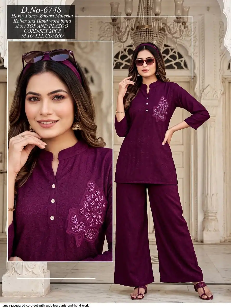 FANCY JACQUARED CORD SET WITH WIDE LEG PANTS AND HAND WORK 6748
