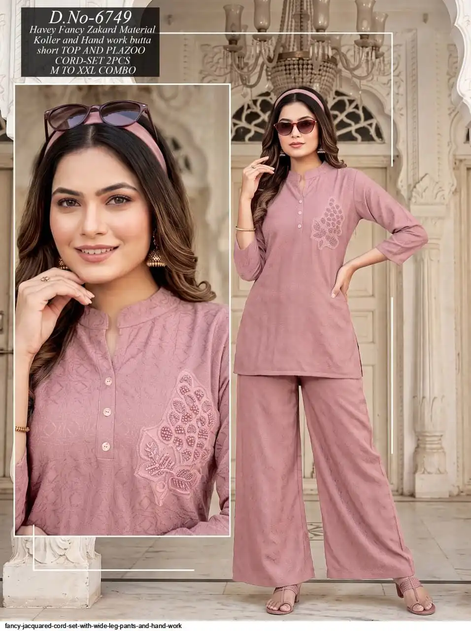 FANCY JACQUARED CORD SET WITH WIDE LEG PANTS AND HAND WORK 6749