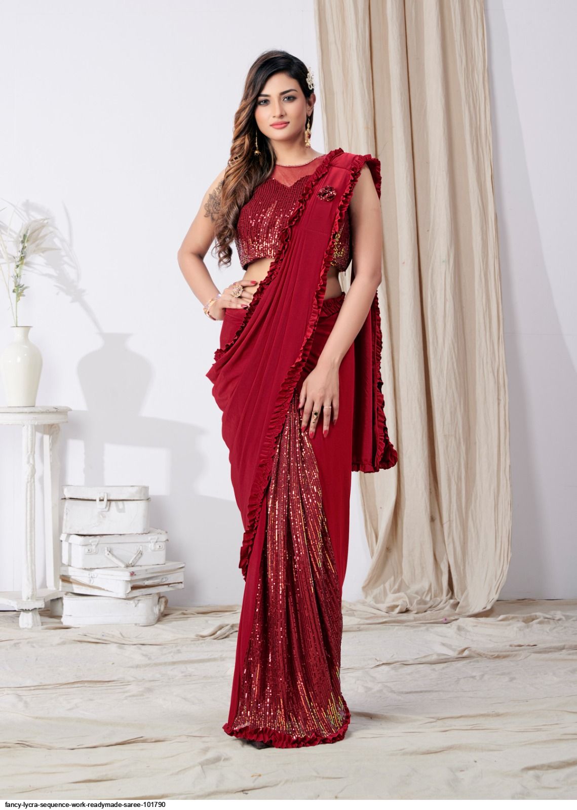 Red readymade saree | Fancy sarees party wear, Sarees for girls, Saree  designs party wear