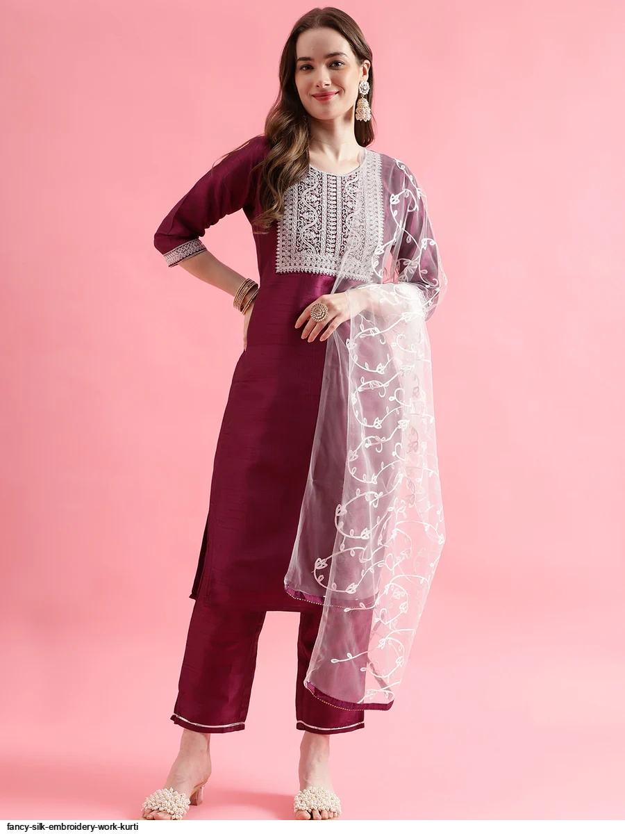 Embroidered Art Silk Kurti With Pant