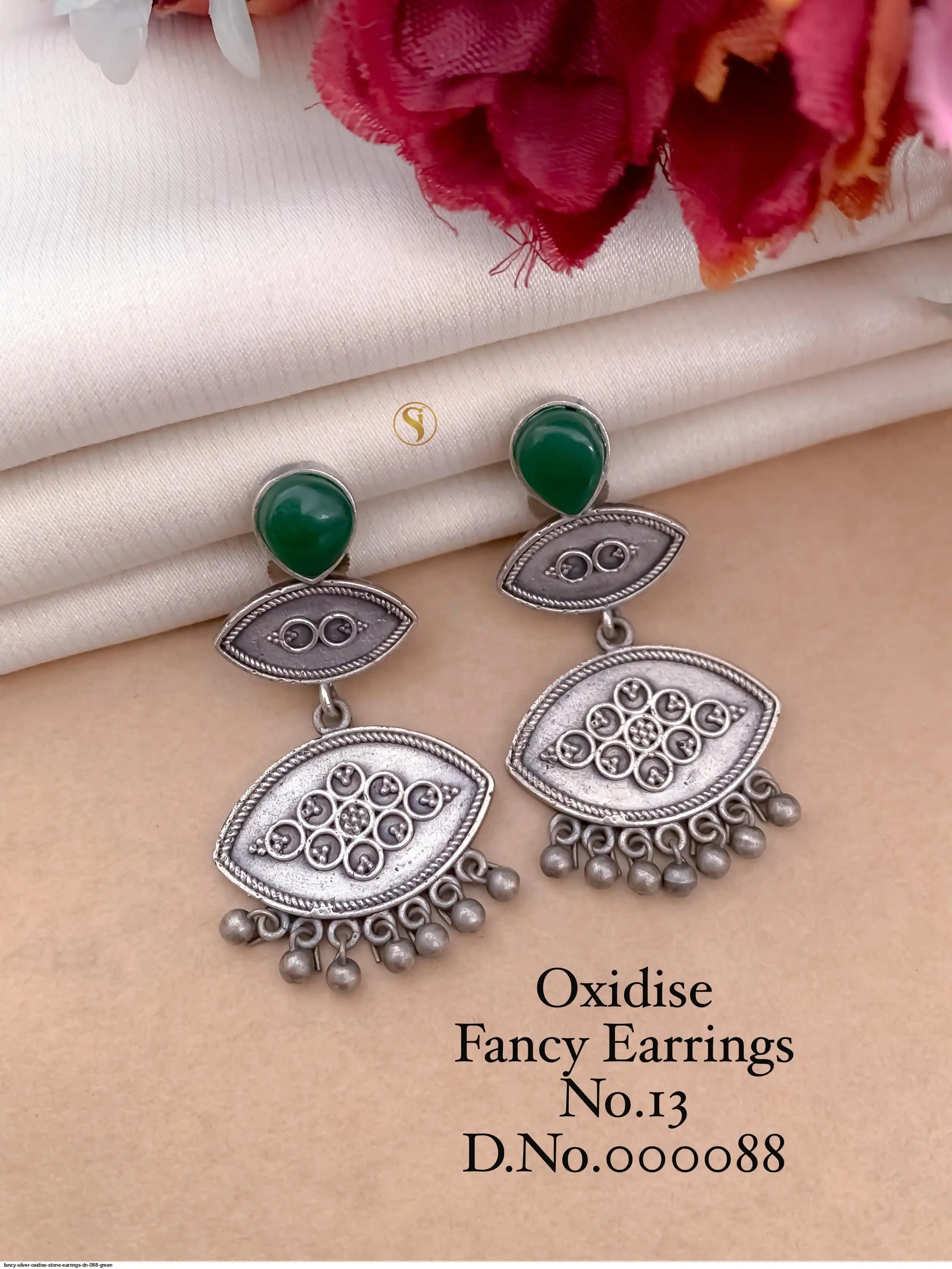 FANCY SILVER OXIDISE STONE EARRINGS DN 088 GREEN