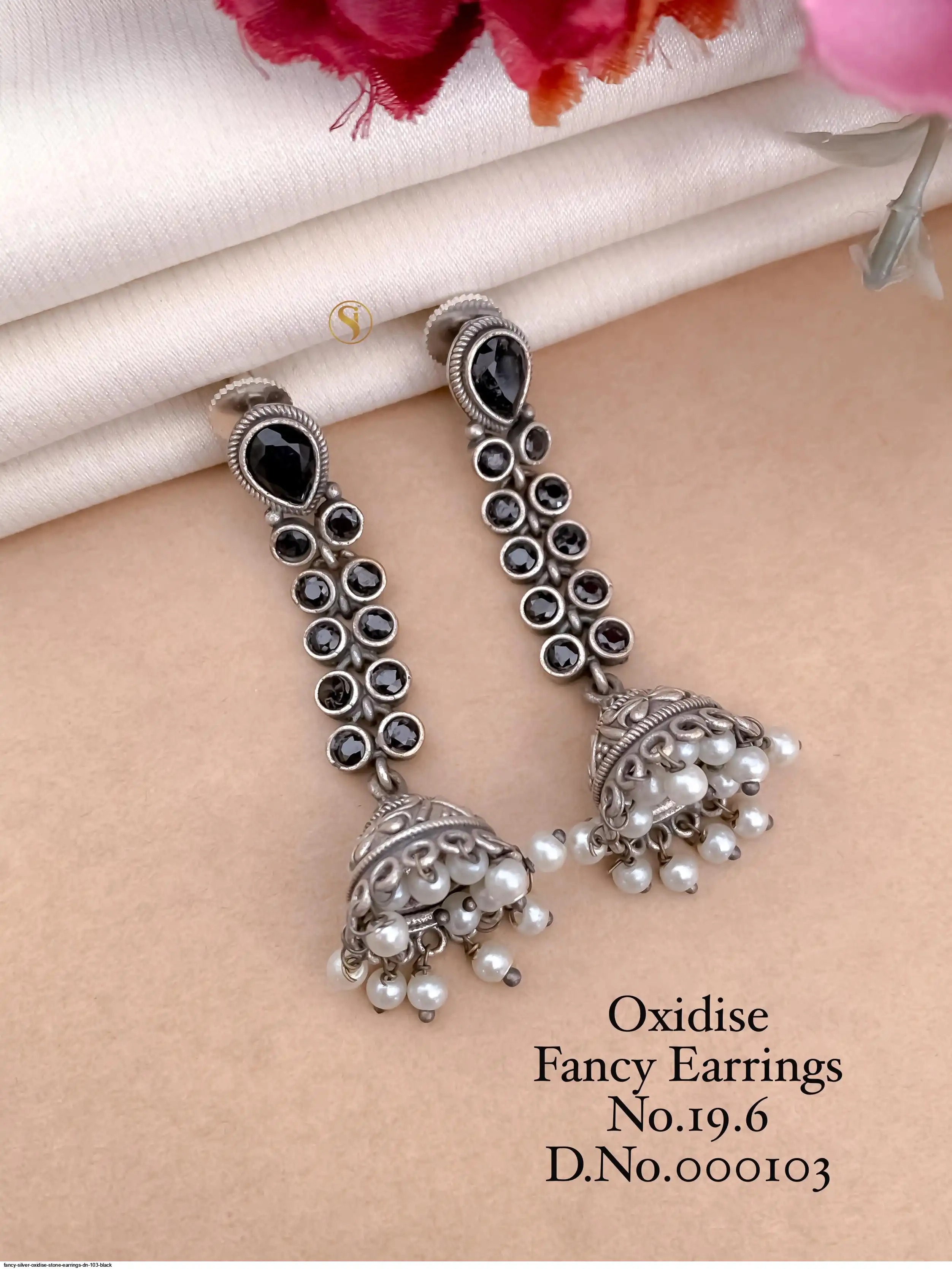 FANCY SILVER OXIDISE STONE EARRINGS DN 103 BLACK