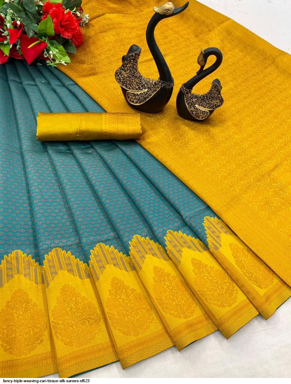 Fancy Triple Weaving Zari Tissue Silk Sarees Sf623