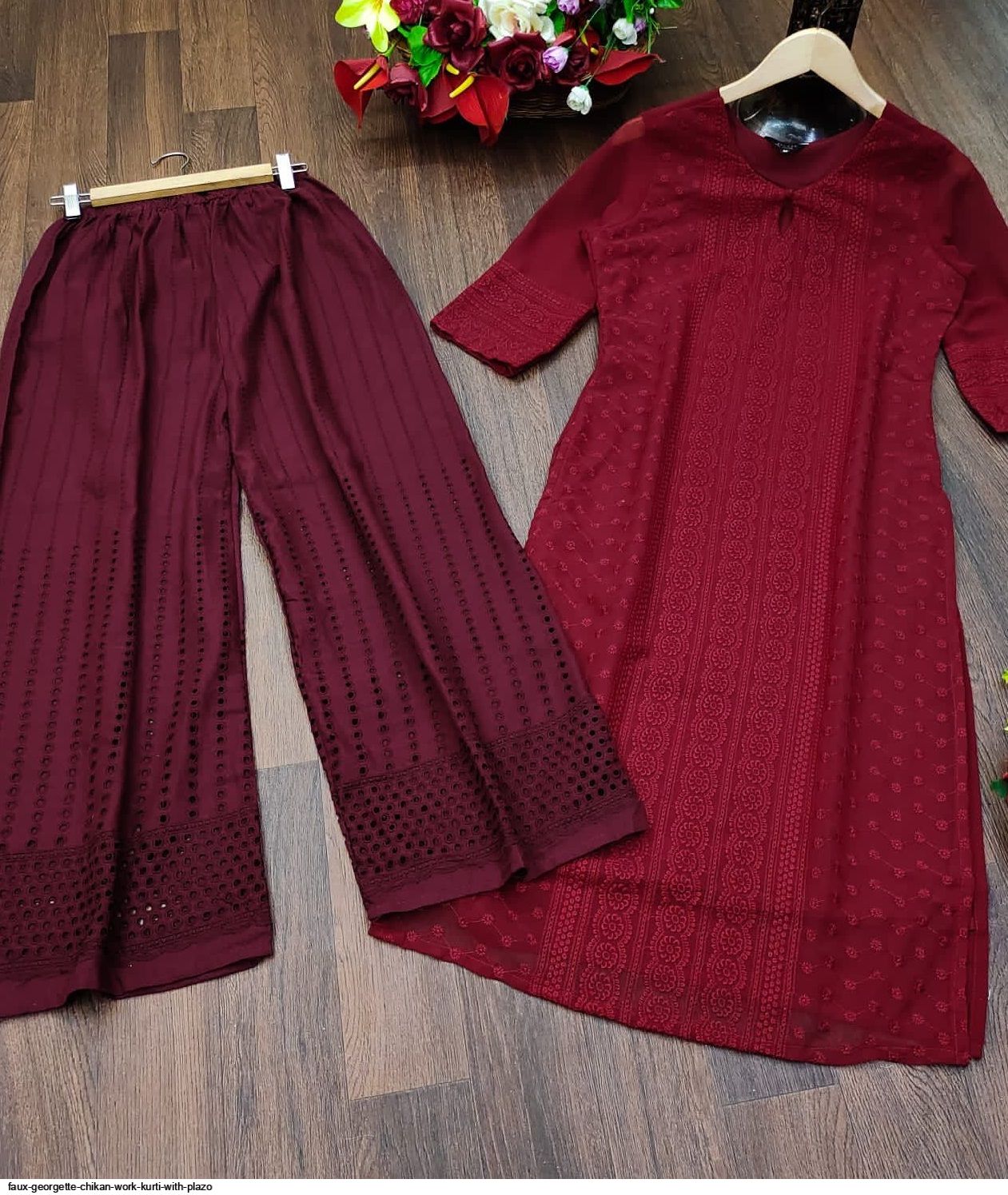 Faux Georgette Chikankari Kurti Palazzo Set
