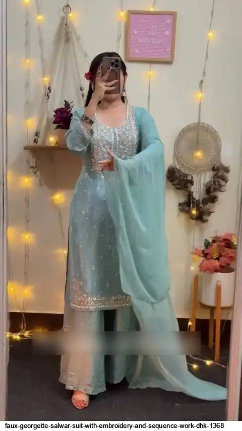 FAUX GEORGETTE SALWAR SUIT WITH EMBROIDERY AND SEQUENCE WORK DHK 1368 A