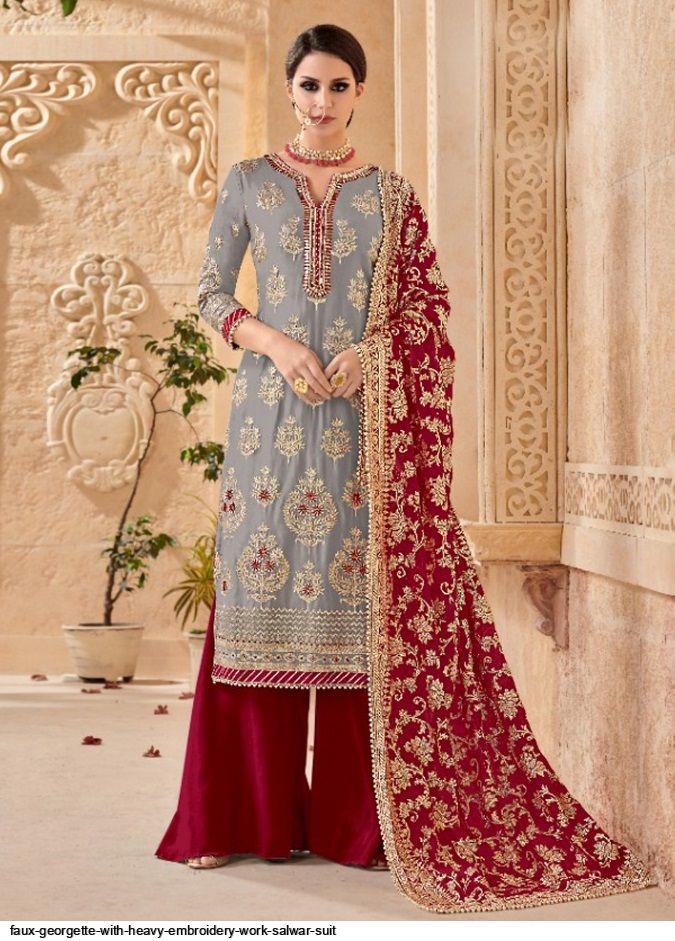 Maroon Faux Georgette Pant Salwar Suit main image 1
