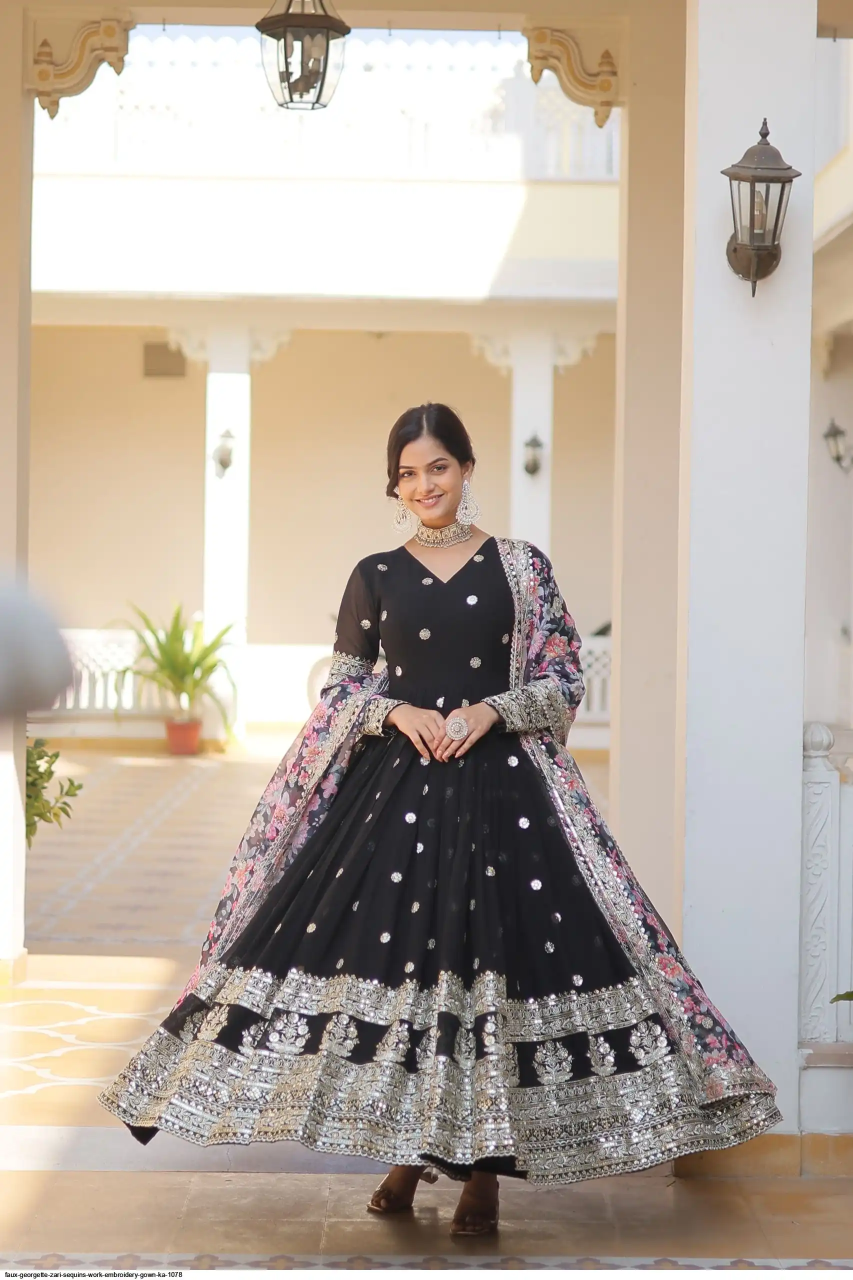 FAUX GEORGETTE ZARI SEQUINS WORK EMBROIDERY GOWN KA 1078 B