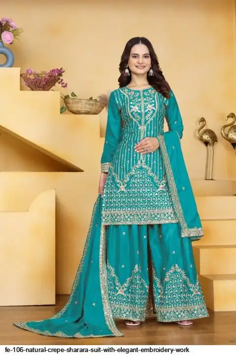 FE 106 NATURAL CREPE SHARARA SUIT WITH ELEGANT EMBROIDERY WORK A