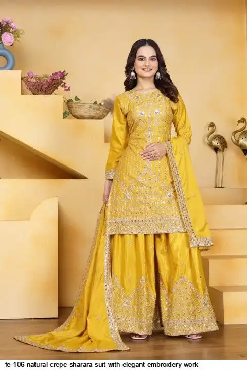 FE 106 NATURAL CREPE SHARARA SUIT WITH ELEGANT EMBROIDERY WORK C