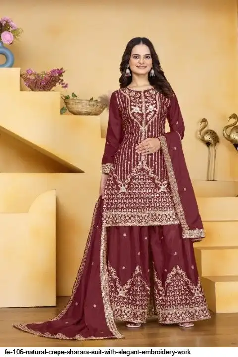 FE 106 NATURAL CREPE SHARARA SUIT WITH ELEGANT EMBROIDERY WORK B