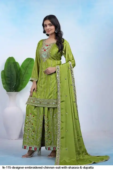 FE 115 DESIGNER EMBROIDERED CHINNON SUIT WITH SHARARA AND DUPATTA B