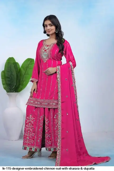 FE 115 DESIGNER EMBROIDERED CHINNON SUIT WITH SHARARA AND DUPATTA A