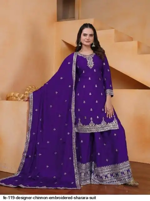 FE 119 DESIGNER CHINNON EMBROIDERED SHARARA SUIT A