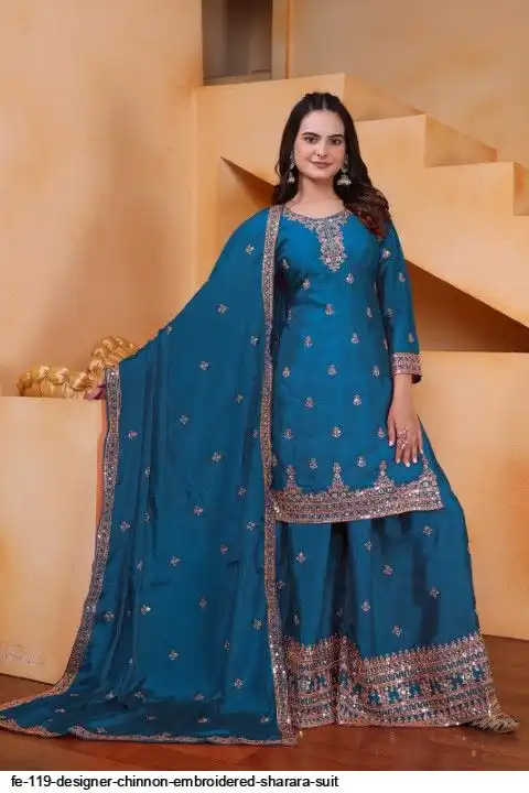 FE 119 DESIGNER CHINNON EMBROIDERED SHARARA SUIT C