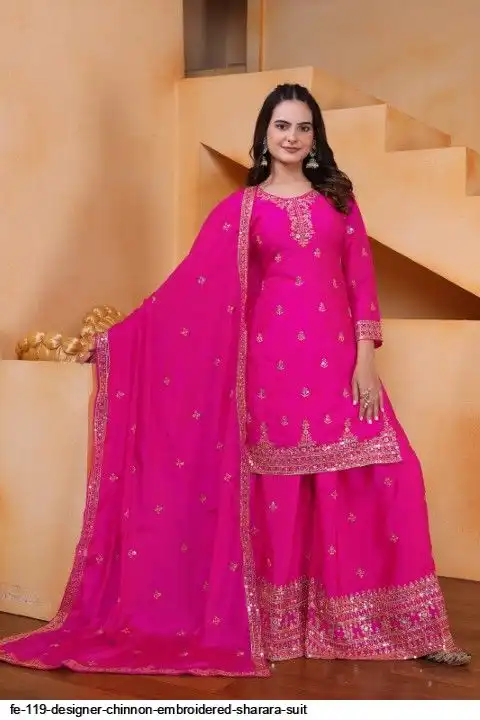 FE 119 DESIGNER CHINNON EMBROIDERED SHARARA SUIT D