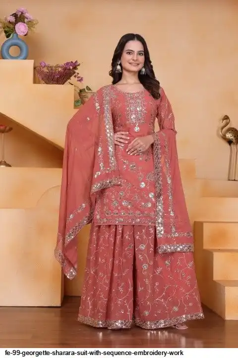 FE 99 GEORGETTE SHARARA SUIT WITH SEQUENCE EMBROIDERY WORK D