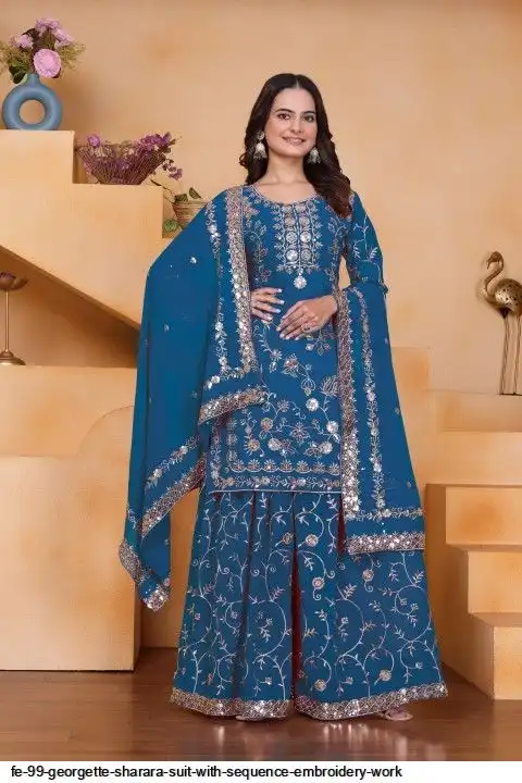 FE 99 GEORGETTE SHARARA SUIT WITH SEQUENCE EMBROIDERY WORK A