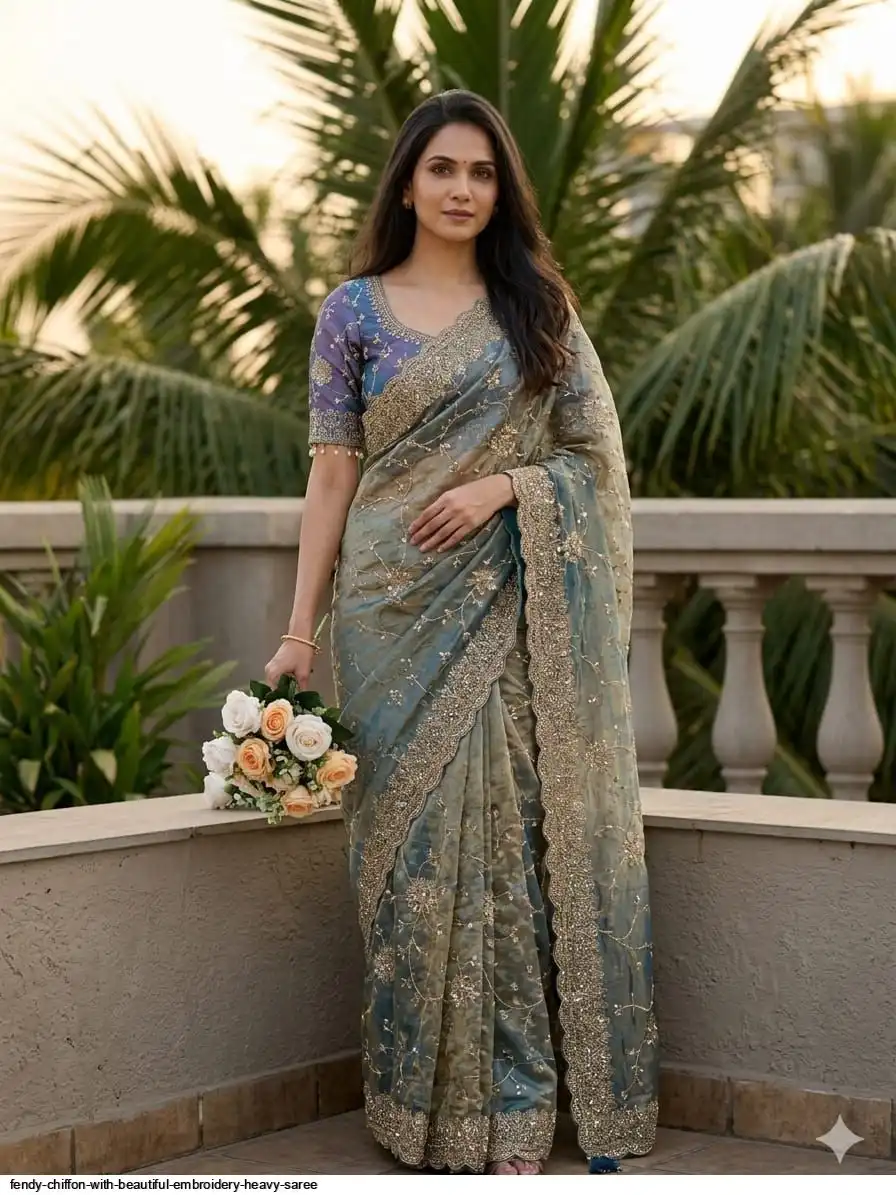FENDY CHIFFON WITH BEAUTIFUL EMBROIDERY HEAVY SAREE 5