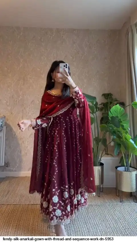 FENDY SILK ANARKALI GOWN WITH THREAD AND SEQUENCE WORK DN 5953 A