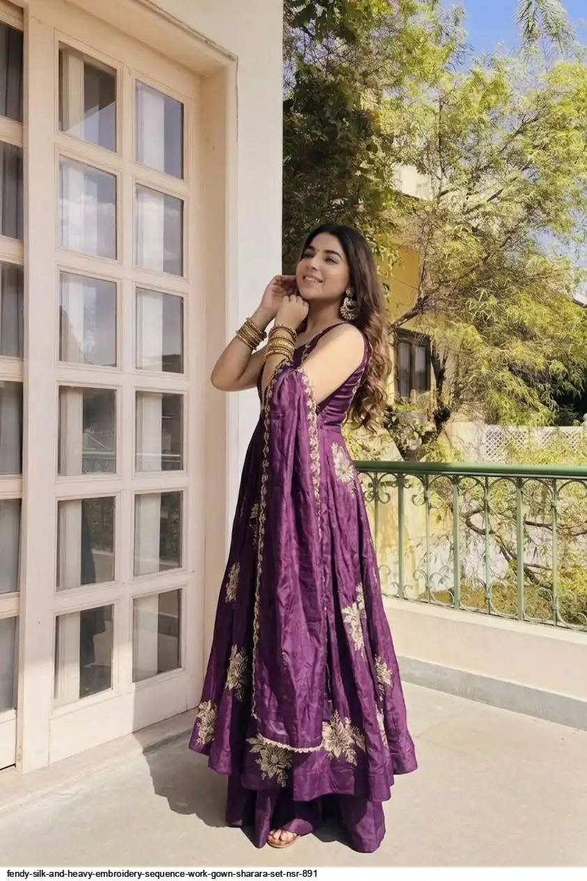 FENDY SILK AND HEAVY EMBROIDERY SEQUENCE WORK GOWN SHARARA SET NSR 891 2