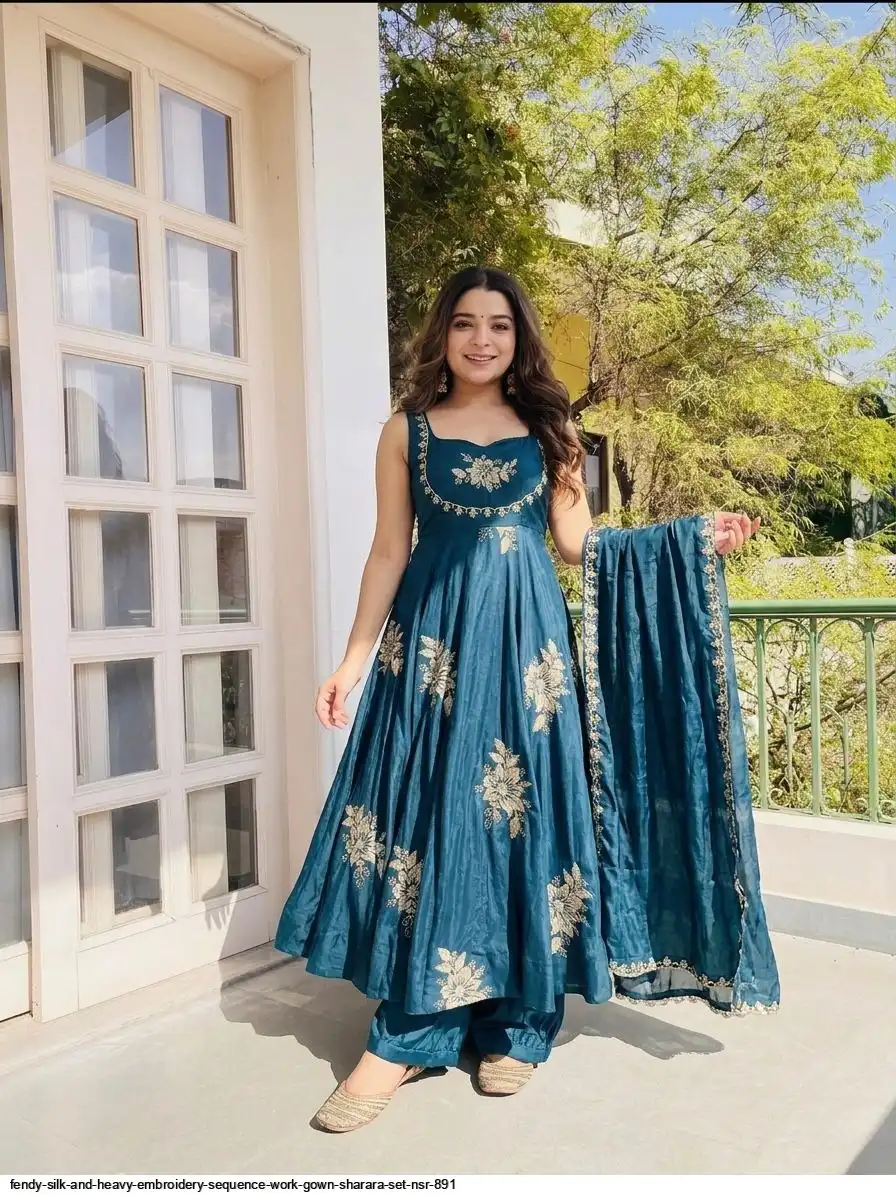 FENDY SILK AND HEAVY EMBROIDERY SEQUENCE WORK GOWN SHARARA SET NSR 891 4