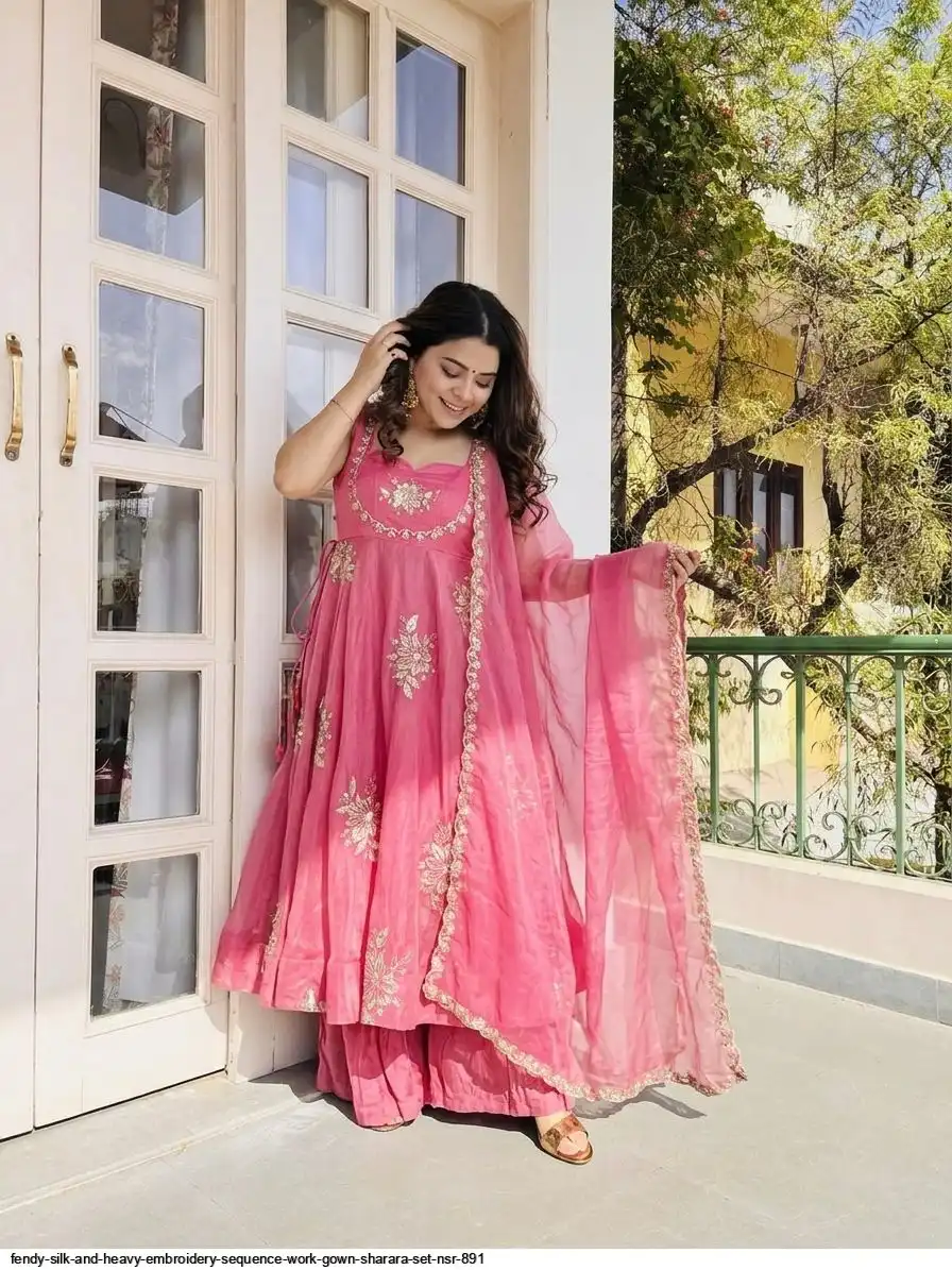 FENDY SILK AND HEAVY EMBROIDERY SEQUENCE WORK GOWN SHARARA SET NSR 891 5