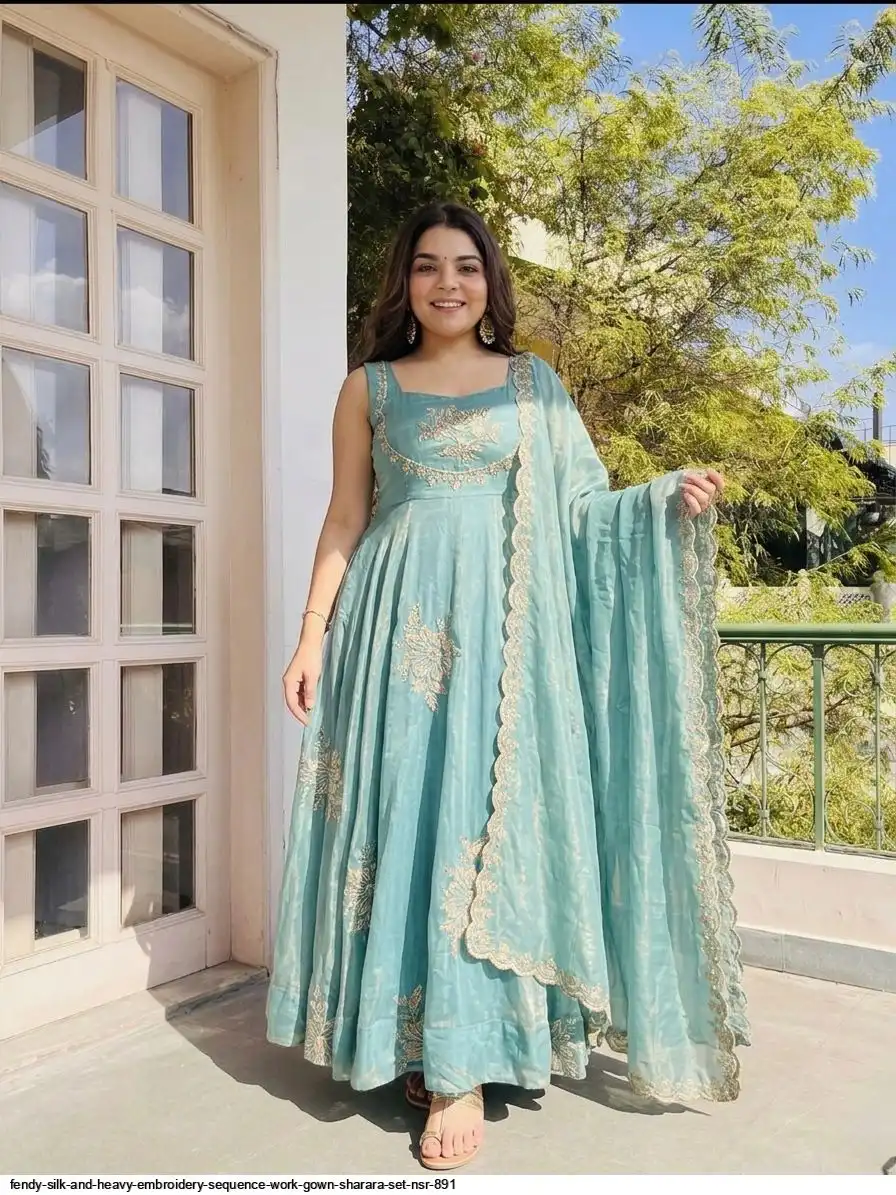 FENDY SILK AND HEAVY EMBROIDERY SEQUENCE WORK GOWN SHARARA SET NSR 891 3